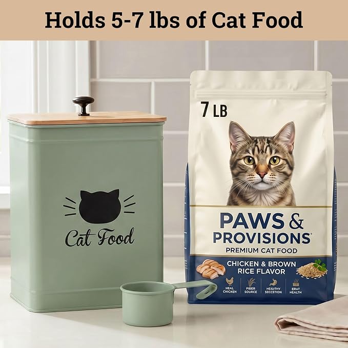Cat Food Storage Container with Scoop - 5-7lb (25 Cup) Capacity Metal Cat Kibble Canister with Airtight Bamboo Lid and Metal Scoop - Airtight Pet Food Storage Containers 5 lb - 7 lb Kibble Container