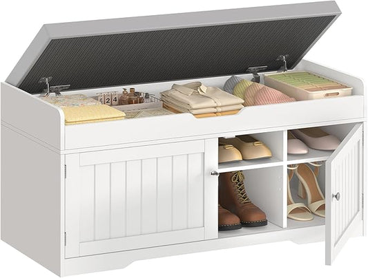 TEENFON 2-Tier Storage Bench, Shoe Bench with Adjustable Shelf & Lift Top Storage, Entryway Bench with Cushioned Seat,13.8"D x 36.2"W x 19.7"H, Shoe Organizer for Entryway, Living Room, Bedroom, White