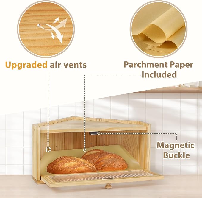 Sunhoo Bread Box for Kitchen Countertop Wooden Corner Breadbox Counter Food Storage Bin Container Farmhouse Rustic Homemade Bread Fresh Keeper Organizer Holder Vintage Stackable with Window (Yellow)