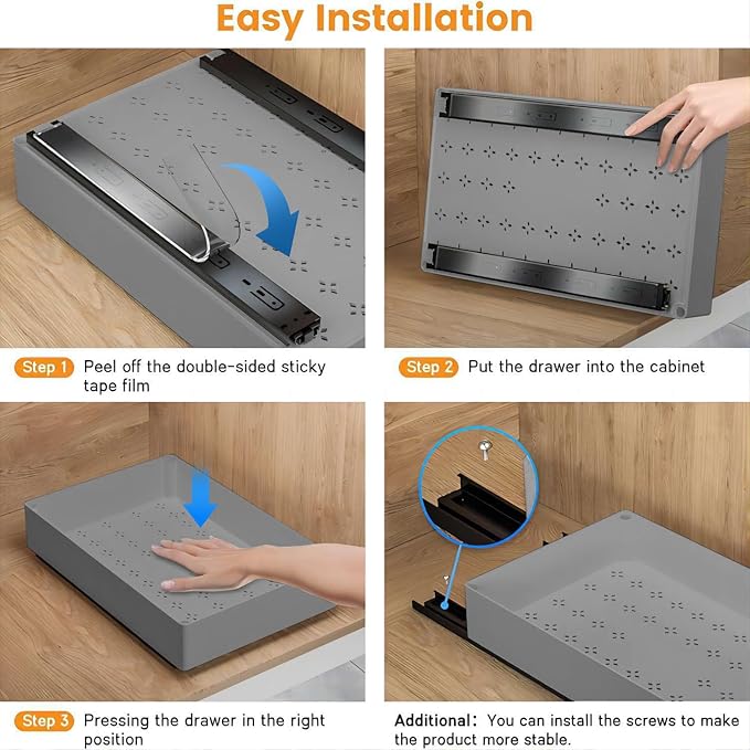 15.75'' D Adhesive Pull Out Drawers for Cabinets,No Drill Pull Out Drawers with Raising Pad for Framed & Frameless Cabinet,Adjustable Expandable Pullout Cabinet Organizer for Kitchen,Bathroom, L Size