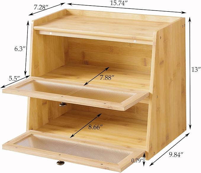 Bread Box for Kitchen Counter, Double Layer Wooden Large Capacity Bamboo Bread Storage Container with Window Bread Holder (Natural Bamboo)