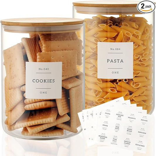 CZZGSM Set of 2 Large Glass Flour and Sugar Containers - 100 Fl oz Thicken Glass Storage Jars with Airtight Bamboo Lid and 132 Kitchen Pantry Labels - Big Clear Rice Containers Farmhouse
