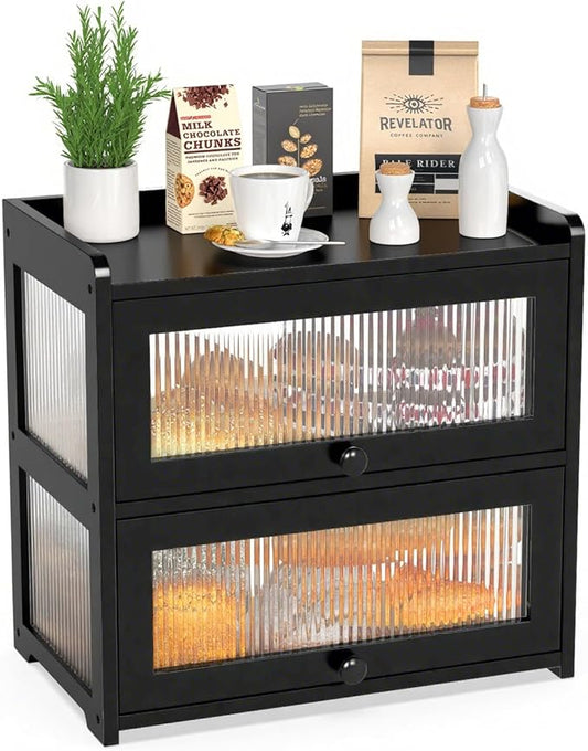 BAMBANG Extra Large Bamboo Bread Box for Kitchen Counter, Double Layer Bread Storage Container Farmhouse Bread Box with 4 Sides Transparency, Breadbox Bin Holder for Homemade Bread, Black