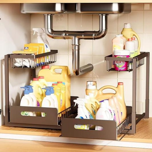 Under Sink Organizer,Metal Pull Out Cabinet Organizer Shelf,Kitchen Bathroom Organizers with Sliding Drawer,Storage Shelves,Storage and Organization for Home,Laundry,RV,Pantry,Spice,Brown,2 Pack
