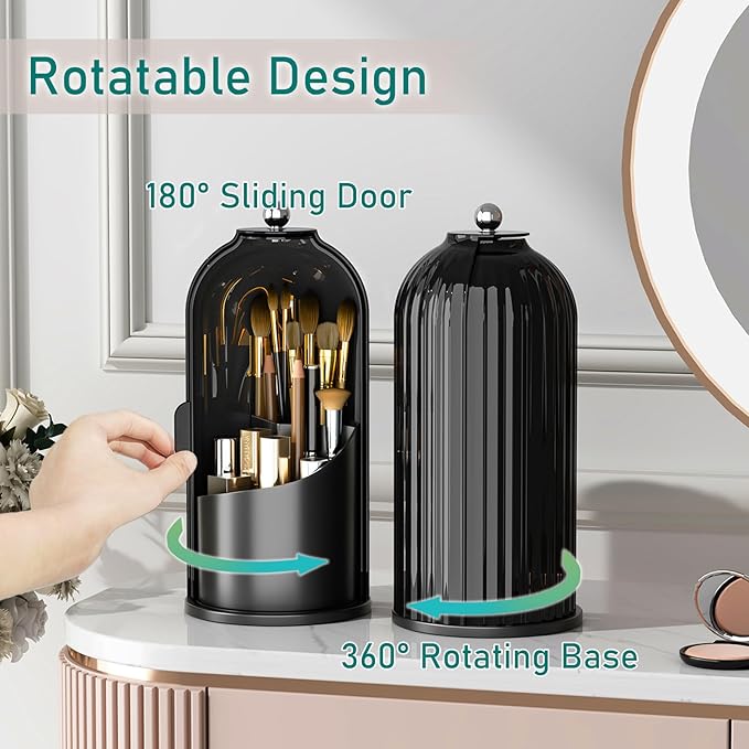 GAXmi Makeup Brush Holder with Lid Rotating Cosmetic Organizer, Dark Black | 360 Rotation, Waterproof, Dustproof, Moistureproof