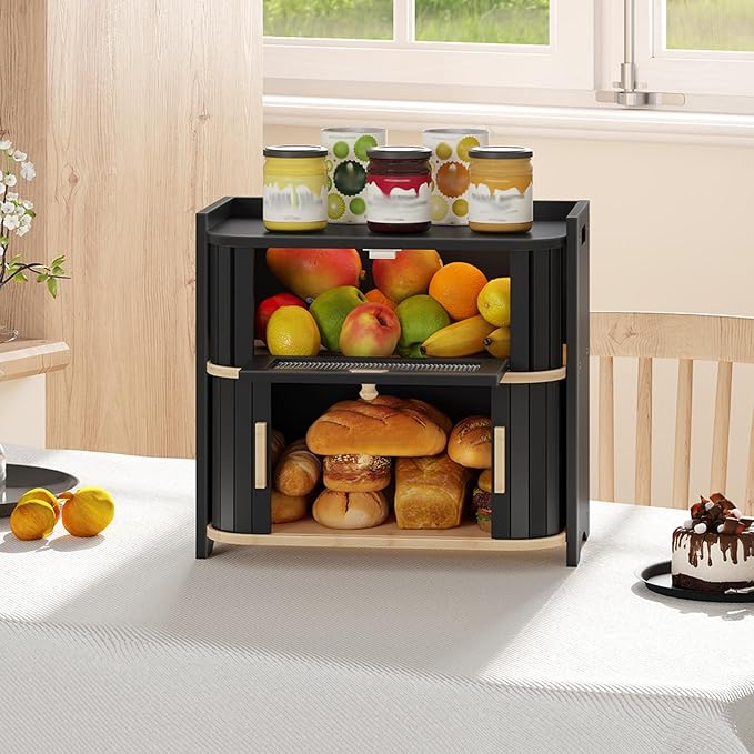 HOOBRO Bread Box, Bamboo Bread Box for Kitchen Countertop, 2 Tier Roll-Top Bread Bin, Food Storage Box, Bread Storage Container, for Kitchen, Dining Room, Black and Natural BK16MB01