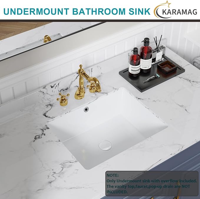 20 Inch Undermount Bathroom Sink Rectangle Undermount Sink White Ceramic Under Counter Bathroom Sinks with Overflow (19.7"x15.7")