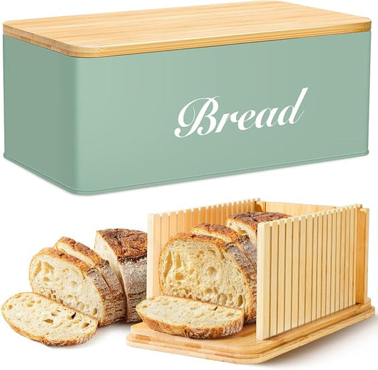RYTOXILO Bread Slicer with Bread Box, Green Bread Storage Container for Kitchen Countertop with Multifunction Bamboo Lid, 3 in 1 Breadbox for Loaf Slicing & Tray, Bread Holder for Kitchen Counter