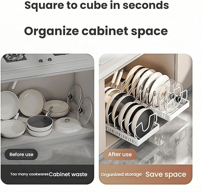 Pull out drawers Pots and Pans Organizer With M-Shaped Vertical Slots Under Cabinet，Slide Out inside Cabinet Storage for Pot Lid Holder And Spoon Rest,Dishes,7 Adjustable Dividers(Black,Basic)
