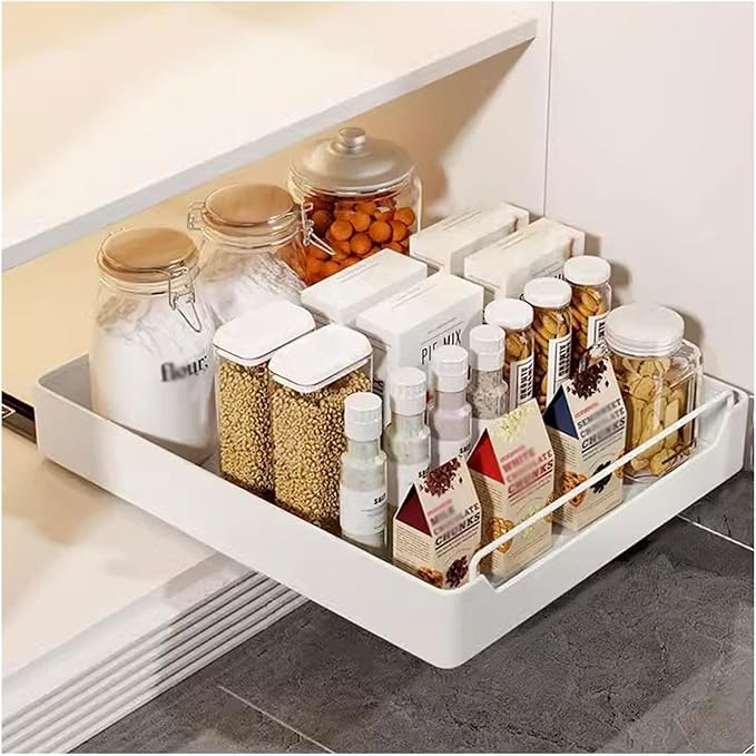 cupboardPull Out Drawer Kitchen Telescopic Drawer Retrofit Pull Slide Out Drawer with Handle Storage Shelves for Kitchen Cabinets with Adhesive Film Pull Out Drawer No Drilling