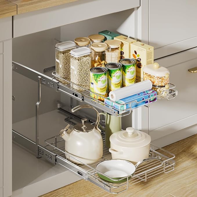 Delamu Pull Out Cabinet Organizer 2-Tier 14" W x 21" D Heavy Duty Chrome-Plated Slide Out Drawers, Kitchen Drawer Organizer Pull Out Shelves for Pots & Pans, Home Pantry Cans & Spices, Silver