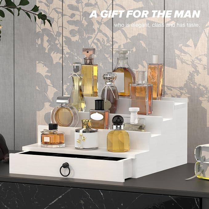 upcessory Cologne Organizer for Men, 4 Tier White Wood Perfume Organizer with Felt Lining Drawer and Hidden Compartment, Perfume Display Holder, A Gift for Men