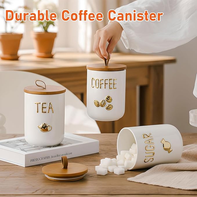 jessie 27oz Ceramics Coffee Canisters with Airtight Seal Bamboo Lid Silicone,Coffee Bean Storage for Kitchen Countertop,Food Storage Jars for Coffee Bean Ground Coffee (Three piece)