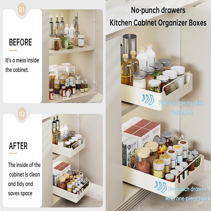 Pull Out Drawers for Cabinets Extendable Drawer Kitchen Expandable Drawer Pull Slide Out Drawer with Handle Stainless Steel Extendable Cabinet Organizer No Drilling and Nailing Required
