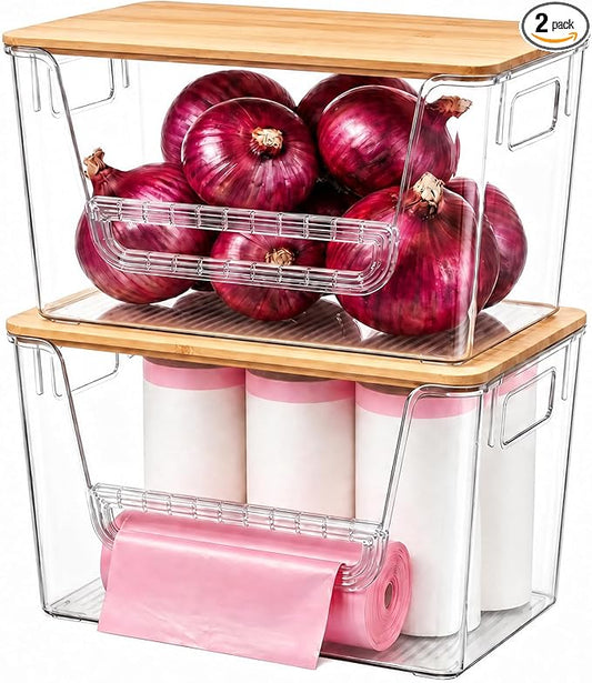 2 Pack Pantry Organizer and Storage with Bamboo Lid, Stackable Trash Bag Dispenser Under Sink Organizer for 4-33 Gal Bags, Pantry Organizers Storage for Onion, Potato, Fruit, Vegetable, Snack