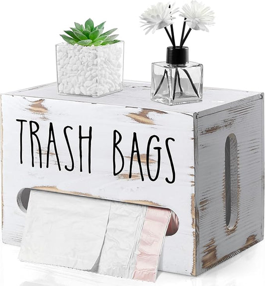 DRASTAR Trash Bag Holder, Wooden Stackable Trash bag Dispenser Wall Mount, Large Garbage Bag Dispenser for for 13-gallon Trash Bags Roll Holder, Kitchen Laundry Room Organization, Retro White