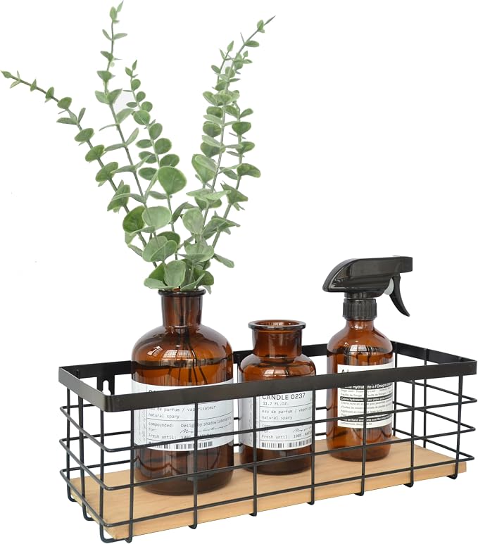 ShabbyDecor Metal Wire Basket Detachable Wood Base Storage Organizer Farmhouse Hanging Basket for Kitchen Cabinets, Bathroom, Pantry, Laundry Room,1 Pack in Black Color,Medium Size