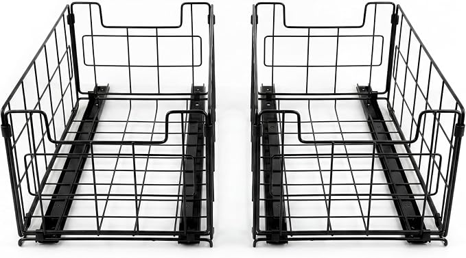 Pull Out Cabinet Sliding Basket Organizer, Heavy Duty Slide Out Drawer for Kitchen Cabinet, No Drill Adhesive Sliding Shelves for Kitchen Bathroom Home, 13.8" D x 8.5" W x 6.3" H,Black-2 Pack