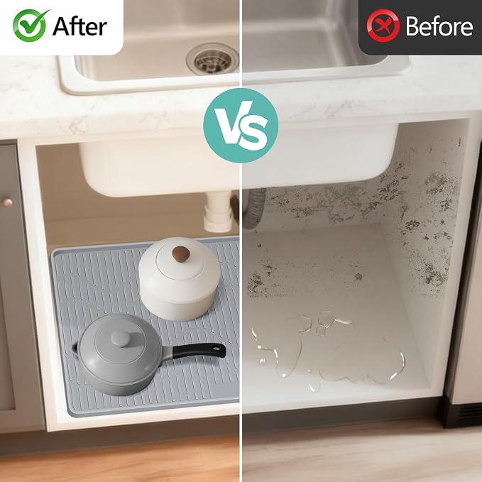 36" x 24" Under Sink Mat for Kitchen Lanstics Under Sink Organizer Waterproof Raised Edge Silicone Mat Sink Protector Silicone Organizers Tray for Kitchen Bathroom