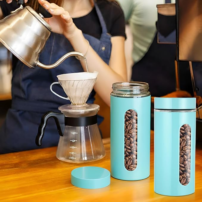 Mimorou 3 Pcs Stainless Steel Canister Set with Glass Windows Visible Storage Jars Silver Kitchen Canister Set for Pasta Flour Oat Sugar Container, Kitchen Tools, Housewarming Gifts(Turquoise,44 oz)