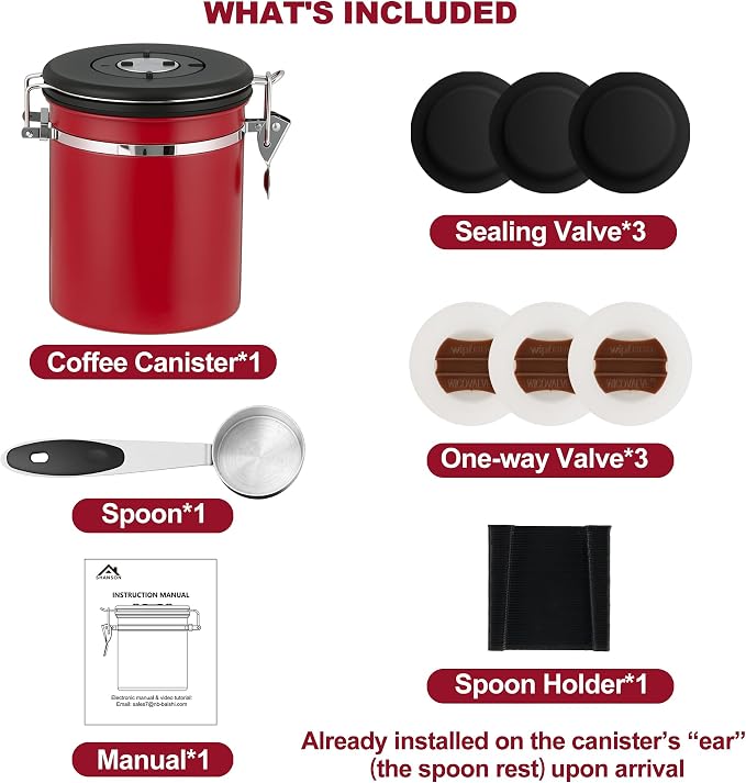 ShanSon Coffee Canister Airtight, Stainless Steel Bean Storage Container with Date Tracker & Scoop, Grounds Sugar Flour Tea Cereal Fits Kitchen Pantry, Ideal Gift for Coffee Lovers,22oz,Red