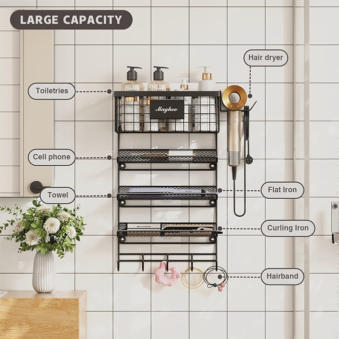 Magheo Hair Dryer Holder Wall Mounted, Adheisve Hair Styling Tool Organizer for hair Brush/Appliance Wall Mount with 4 Tier Shelf Basket Hooks Blow Dryer and Straightener Holder for Bathroom(Black)