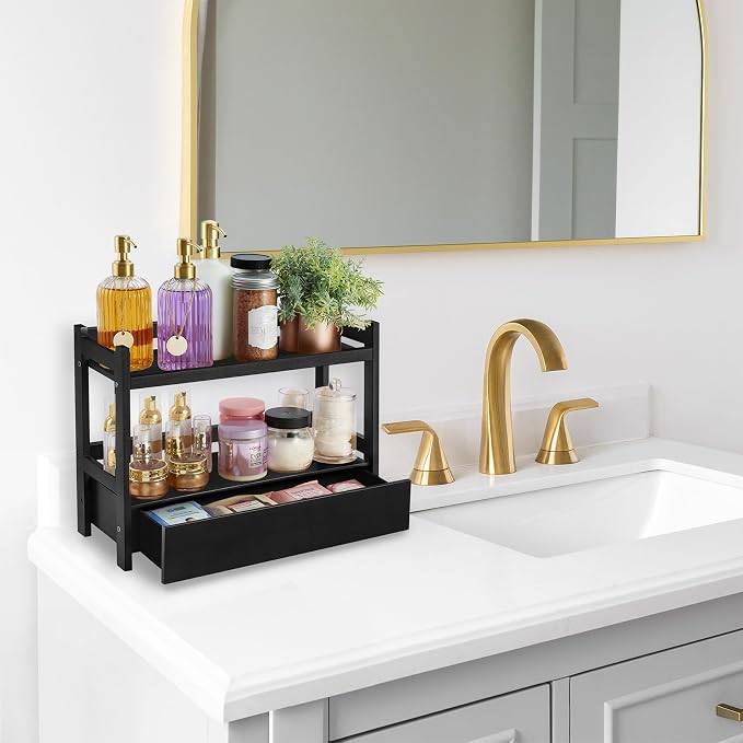 Sorbus Bamboo Bathroom Counter Organizer – 2-Tier Shelf with Hidden Drawer for Vanity, Matcha Station, Bathroom Sink Organizer Countertop, Kitchen & Office Storage (17″ L x 6.5″ W x 12.6″ H) (Black)