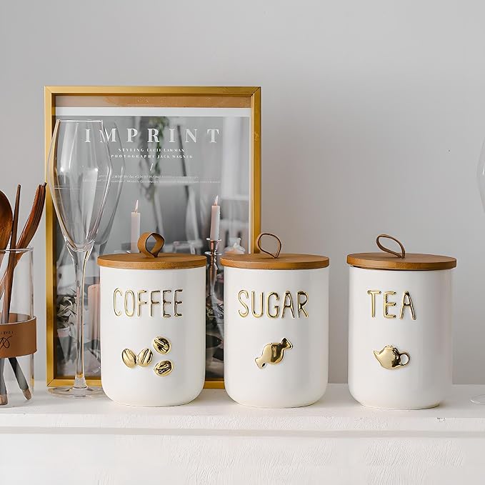 YYW Kitchen Canisters for Countertop, White Airtight Ceramic Canister with Seal Wooden Lid Storage Container for Coffee Bean Ground Coffee Sugar and Tea (Three piece)