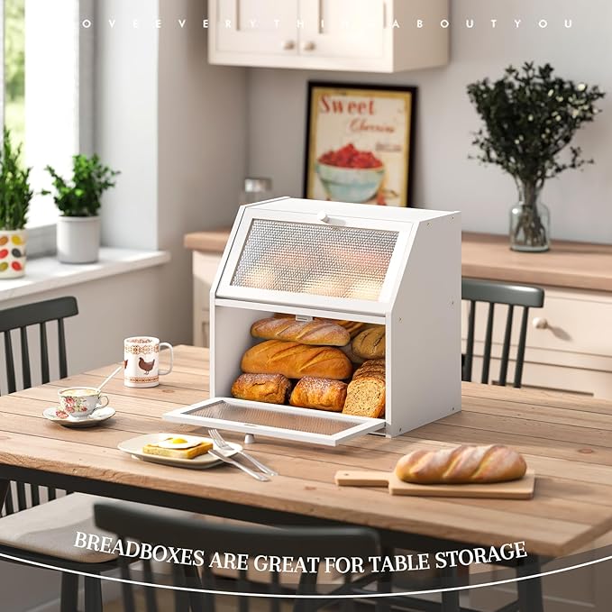 STDDRE Bread Box for Kitchen Countertop Bin Double Layer Bread Box Storage Container Extra Large Capacity with Diamond Pattern Windows (White, Extra Large)