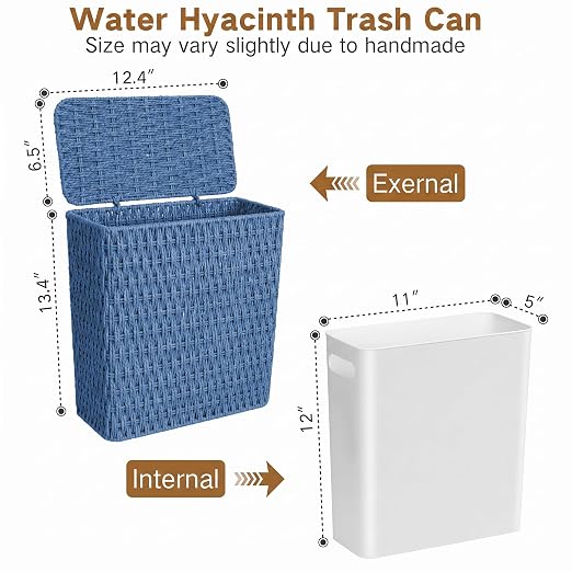 iEGrow Paper Rope Trash Can,Bathroom Trash Can with Lid, 3 Gallon Wicker Waste Basket with Removable Liner, for Bedroom, Living Room, Toilet, Under Sink Blue