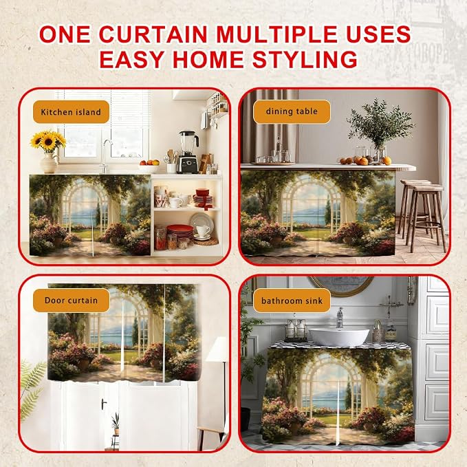 Self Adhesive Secret Garden Cabinet Curtain for Mother's Day, 39x28 Inch Lake Scenery Under Sink Skirt No Drill, Spring Cleaning Kitchen Decor, Hook and Loop Laundry Valance