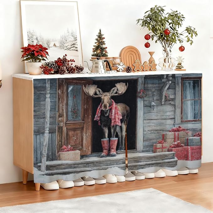 Self Adhesive Vintage Moose & Cabin Cabinet Curtain for Mother's Day, 39x28 Inch Rustic Lodge Under Sink Skirt No Drill, Spring Cleaning Kitchen Decor, Hook and Loop Laundry Valance