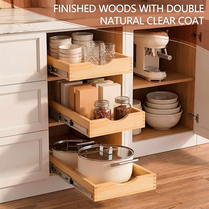 Menkxi 2 Set Wooden Pull out Cabinet Organizer Fully Assembled Slide out Pantry Drawer with Gentle Close Storage Shelf Tray for Base Kitchen Under Sink Bathroom Accessory(Wood Color,12'' X 21'' X 3")