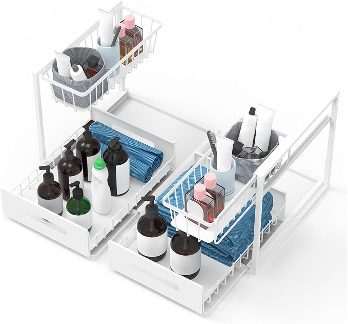 AORESAC Under Sink Organizer, Metal Pull Out Cabinet Organizer 2-tier, Under Sink Slide Out Storage Shelf for Kitchen Bathroom Organizers and Storage, 10.5W x 13D x 11H Inches