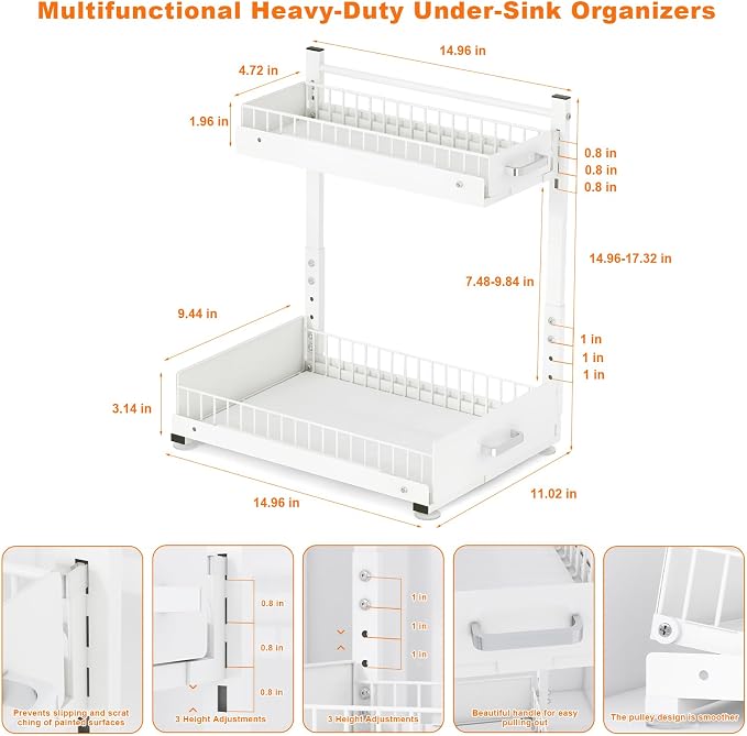 2 Pack Under Sink Organizer, 2 Tier Slide Out Cabinet Organizer with Pulley, Height Adjustable Pull Out Shelf for Kitchen, Bathroom, Laundry and Utility Storage, White