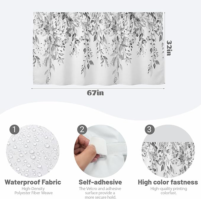 Grey Eucalyptus Sink Skirt for Bathroom, Self Stick Adhesive Waterproof Fabric, Watercolor Plant Leaves with Flora Under Sink Curtain Skirt, Pedestal Sink Accessories Decor