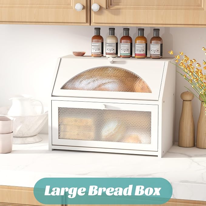Bread Box, Bamboo Wood Bread Box for Kitchen Counter, Double-layer Bread Storage Bin, Acrylic glass with Diamond Patterns (White, Large)