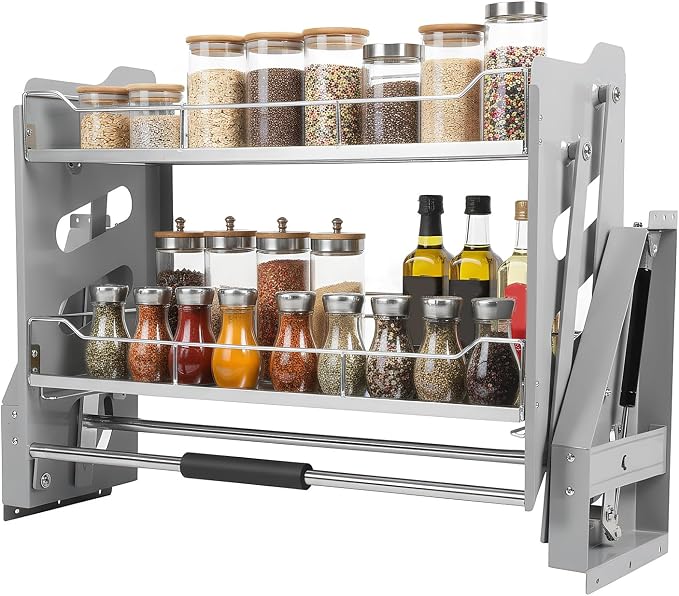 2-Tier Pull-down Storage Lift Cabinet Wall Cupboard Lifting Basket 304 Stainless Steel 22-34 Inch Width for Snacks Bowls Plate (900)