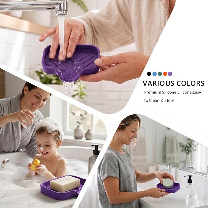 MicoYang Silicone Soap Dish with Drain Spout, Self-Draining Sink Organizer Tray for Bathroom and Kitchen, Sponges, Dispensers and Soap Holder, Non-Slip and Dishwasher Safe, Purple (Compact, 4.9"×3.2")