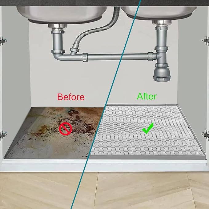 Under Sink Mat 31 x 22, Silicone Under Sink Liner for Kitchen Waterproof Bathroom Cabinet Mat, Light Grey