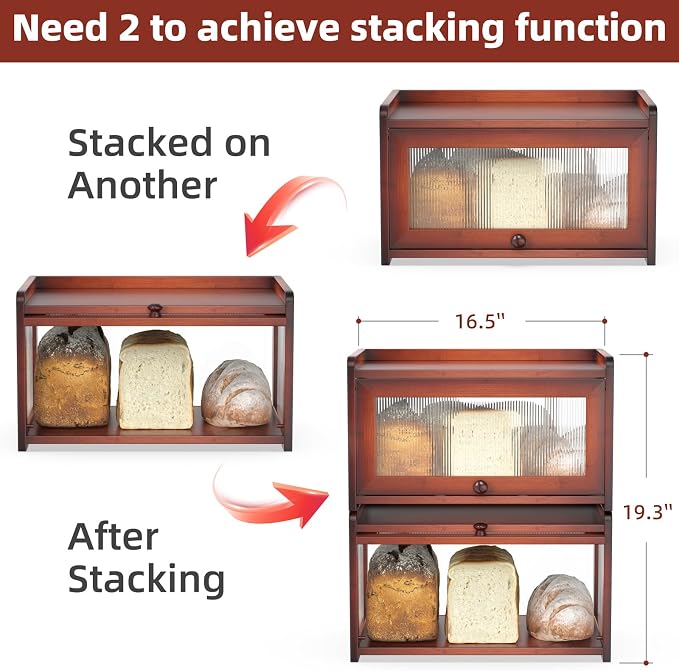 BAMBANG Bamboo Bread Box for Kitchen Countertop, Extra Large Farmhouse Bread Box with 4-Side Clear Panels, Wooden Bread Storage Container for Homemade Bread, Brown