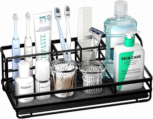 HapiRm Toothbrush Holders for Bathroom - 5 Partitions Bathroom Counter Organizer with Instant Drying Stone, Stainless Steel Countertop Storage Electric Toothbrush Toothpaste Holder - Black(Large)
