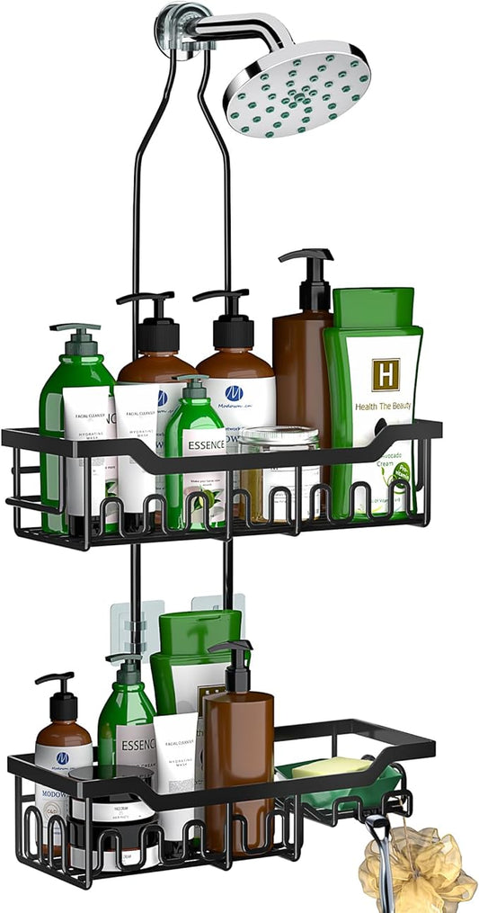 Shower Caddy Hanging Organizer, Extra Large Rack Over Showerhead with Hooks, Adjustable Height Shower Caddy for Big Shampoo Bottle, Black