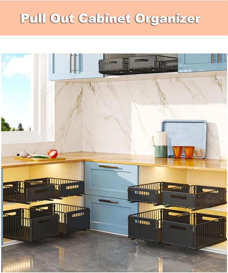 Pull Out Drawers for Cabinets Under Kitchen Sink Storage Organizer No Drill Adjustable Baskets for Cupboard Bathroom(2pcs-Black-19 cm)