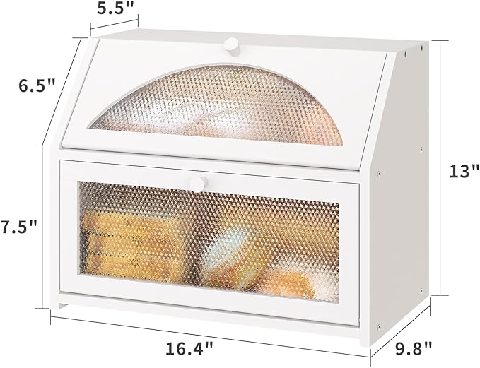 Bread Box, Bamboo Wood Bread Box for Kitchen Counter, Double-layer Bread Storage Bin, Acrylic glass with Diamond Patterns (White, Large)