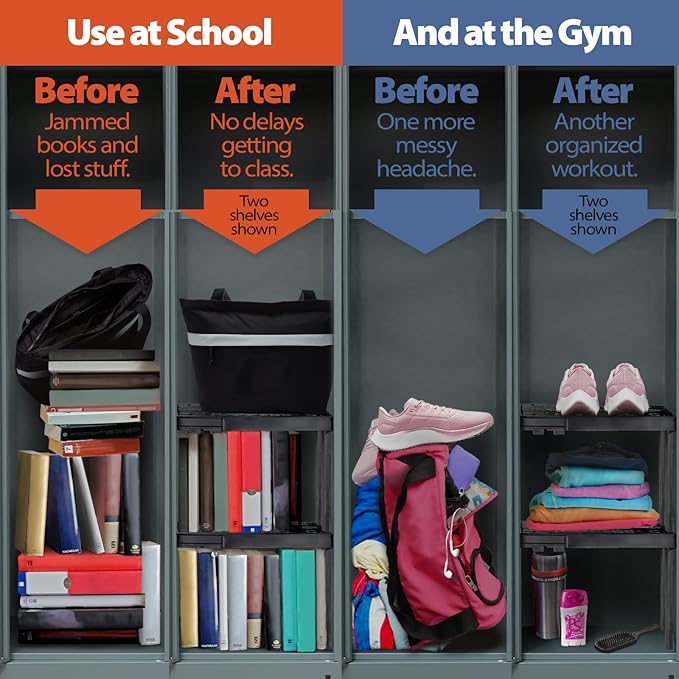 Piffny Locker Organizer Shelf， Adjustable Width and Height, Ideal Locker for School, Office, and Gym Lockers (Blue 2 Pack)