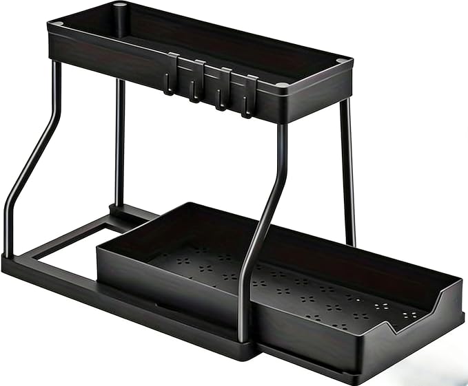 Under Sink Organizer, 2 Tier Pull out Cabinet Telescopic Rack, Under Sink Organizer for Kitchen,Bathroom,Storage (1 Pack, Black)