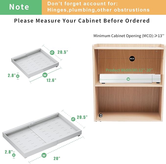 2 Pack Expandable Pull Out Cabinet Organizer 21" Deep, Upgrade 3 Slide Rails No Drill Adjustable Slide Out Drawers, Adjustable Width 12.05"-20.5" for Kitchen,Pantry,Framed Cabinets White