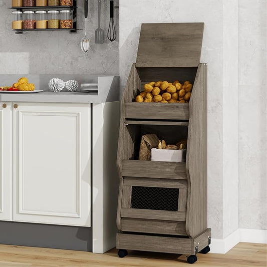 ARTETHYS Potato and Onion Storage Bin with Wheels Gray Movable Bread Box with Lid Onion Organizer with Grocery Section Decorative Vegetable Organization Cabinet for Kitchen