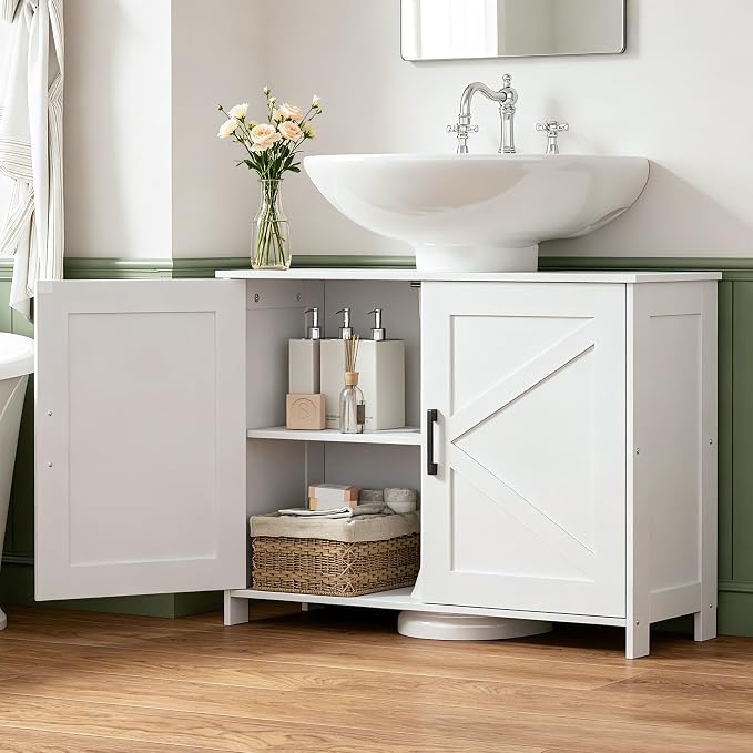 Pedestal Sink Storage Cabinet, Bathroom Organizer for Small Spaces, Freestanding Under Sink Cabinet with Adjustable Shelf and Double Doors, 11.8" D x 31.5" W x 23.6" H, Black